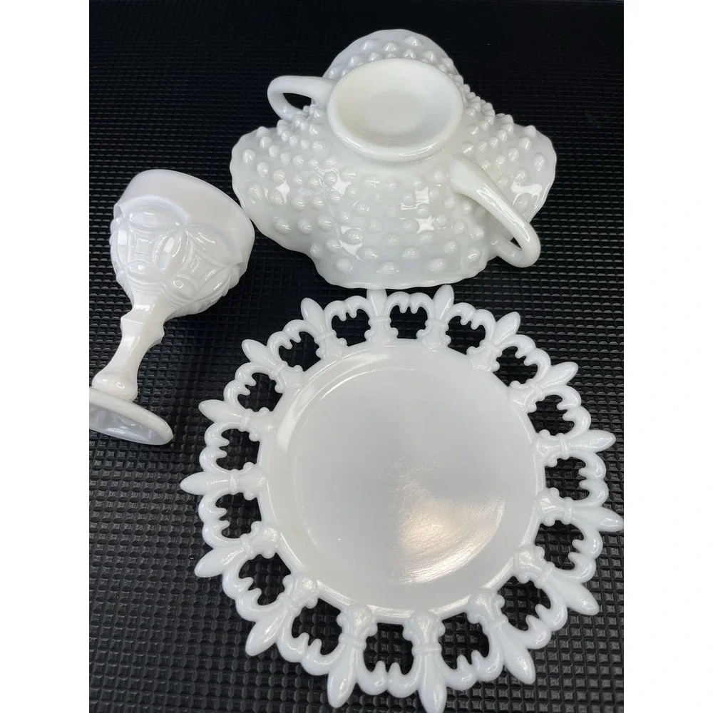 Milk Glass Fenton Hobnail Candy‎ Dish, Reticulated Plate & Goblet Set Of 3